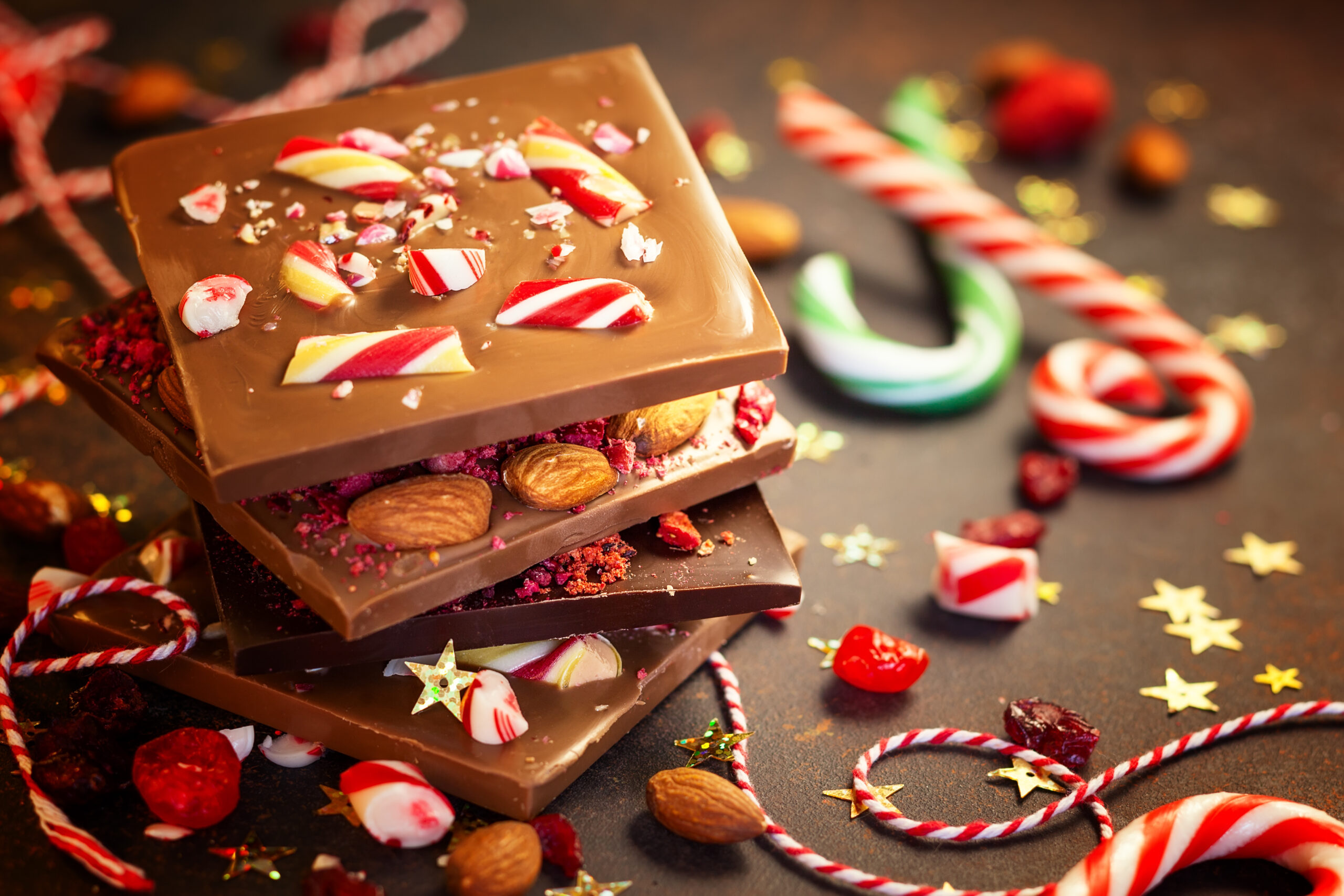 Christmas chocolate bark with peppermint,dried berries and nuts.